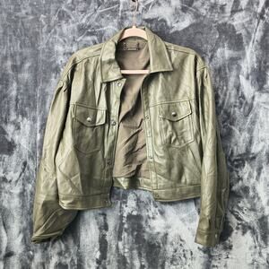 T. Tahari Faux Leather Olive Green Cropped Jacket Women's Medium